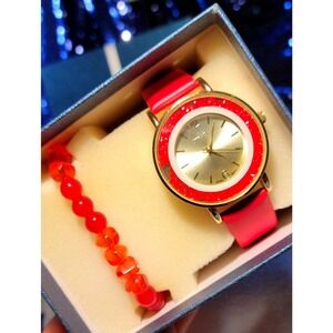 NEW STRADA Women Red Bezel Quartz Watch &‎ Bracelet Rhinestone Japan Red Strap